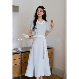 鹿向南「风铃絮语」气质翻领短袖连衣裙女夏季新款法式蓝色长裙子