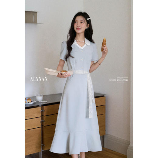 鹿向南「风铃絮语」气质翻领短袖连衣裙女夏季新款法式蓝色长裙子 商品图0