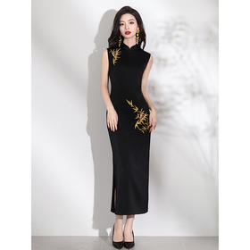 黑色无袖旗袍，改良国风刺绣修身高级感LSB3454