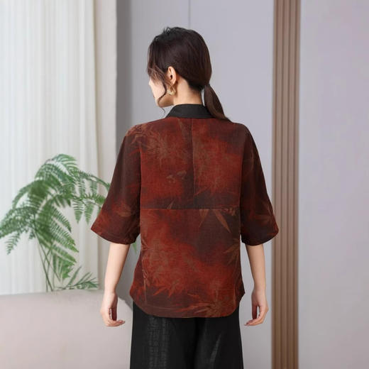 丁摩真丝香云纱春夏100桑蚕丝上衣复古时尚枫叶T恤透气圆领AL2580 商品图1