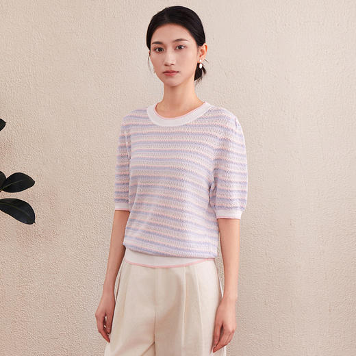 「自」全新升级【铂金会员293/天猫399/差价106】(03024)洛诗琳撞色条纹圆领针织T恤2025夏季薄款设计感镂空上衣女 商品图1