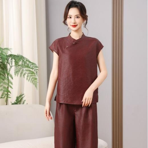 丁摩真丝红云纱龟裂纹短袖新款新中式高级时尚100%桑蚕丝T恤AL5111 商品图3