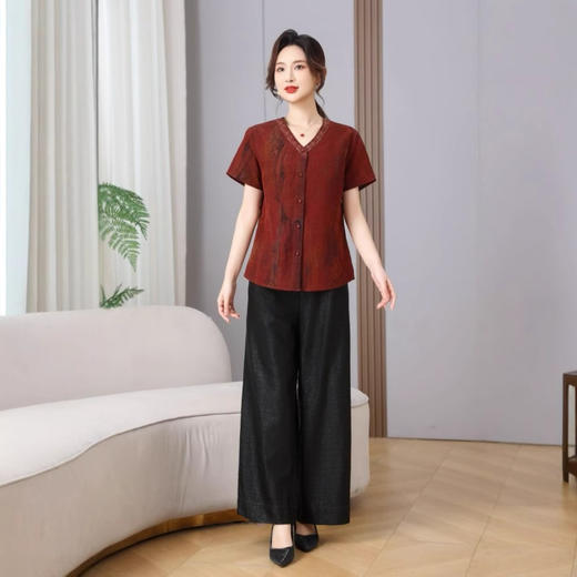 丁摩真丝香云纱红云纱印染短袖圆领开衫上衣新简洁100桑蚕丝AL5103 商品图0