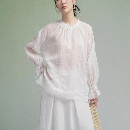 【林栖设计小店】苎麻衬衣绣花轻薄透气宽松显瘦2025早秋新款花边上衣女F1953215 商品图0
