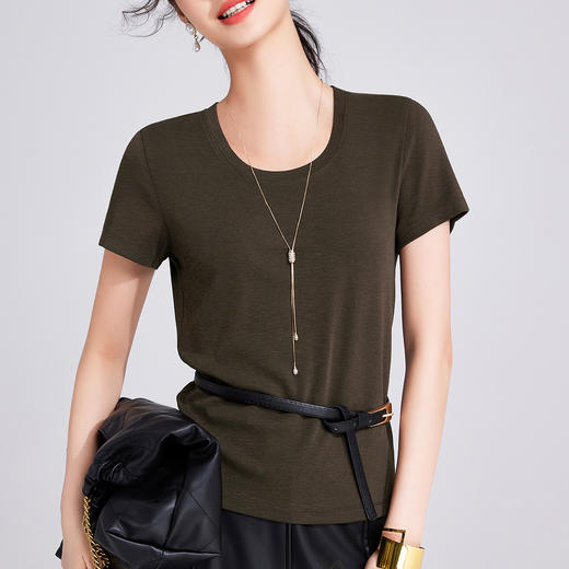 「自j」全新升级【铂金会员109/天猫149/差价40】(01214)洛诗琳凉感天丝T恤2025夏季新款纯色兰精正肩U领短袖上衣女 商品图3