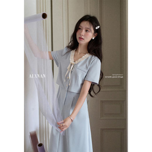 鹿向南「冰蓝诗语」法式气质短袖连衣裙女夏季假两件显瘦蓝色长裙 商品图1