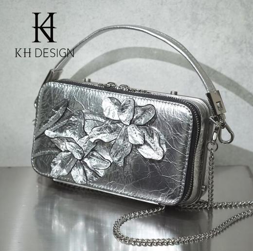 明治真皮立体花卉盒子手提包 商品图0