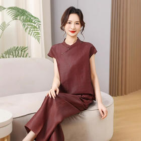 丁摩真丝红云纱龟裂纹短袖新款新中式高级时尚100%桑蚕丝T恤AL5111