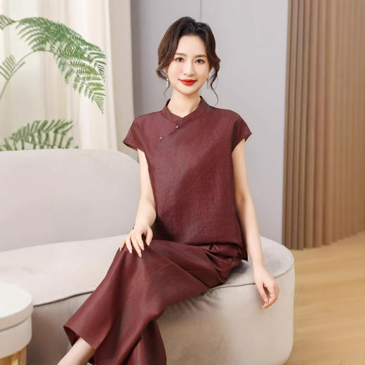 丁摩真丝红云纱龟裂纹短袖新款新中式高级时尚100%桑蚕丝T恤AL5111 商品图0