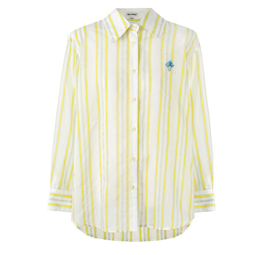 SELFWHO莱赛尔混纺黄色条纹衬衫女2025秋季宽松透气蘑菇设计衬衣 商品图4