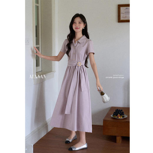 鹿向南「紫月星河」紫色短袖连衣裙女夏季新款收腰衬衫裙气质长裙 商品图1