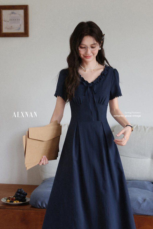 鹿向南「星蓝序曲」法式连衣裙女夏季小个子收腰藏蓝色短袖长裙 商品图5