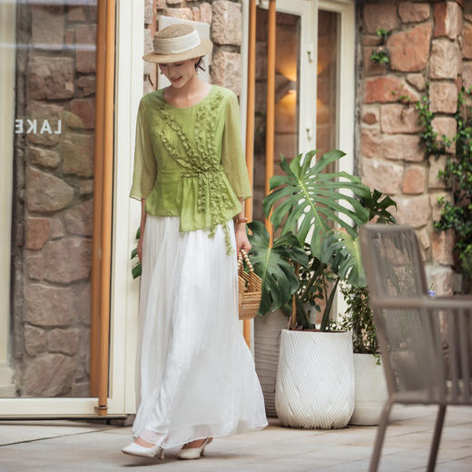 【林栖设计小店】【林栖推荐】（现货）2025夏季新品果绿色荷叶花边上衣女N1953181 商品图2