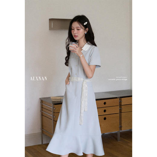 鹿向南「风铃絮语」气质翻领短袖连衣裙女夏季新款法式蓝色长裙子 商品图1