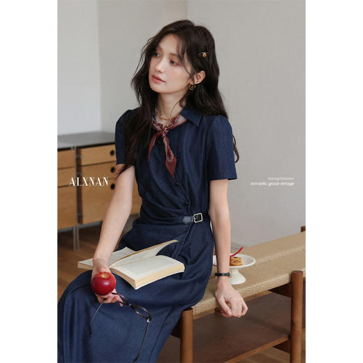 鹿向南[蔚蓝絮语]气质通勤polo领短袖连衣裙女夏季收腰藏蓝色长裙 商品图4