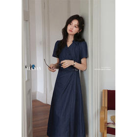 鹿向南[蔚蓝絮语]气质通勤polo领短袖连衣裙女夏季收腰藏蓝色长裙