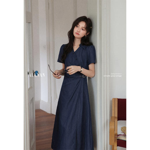 鹿向南[蔚蓝絮语]气质通勤polo领短袖连衣裙女夏季收腰藏蓝色长裙 商品图0