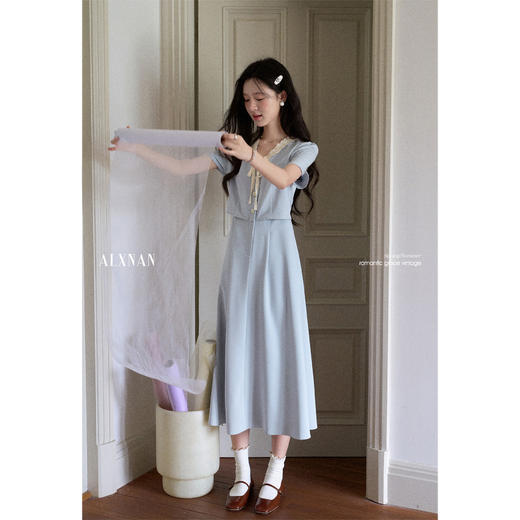 鹿向南「冰蓝诗语」法式气质短袖连衣裙女夏季假两件显瘦蓝色长裙 商品图4