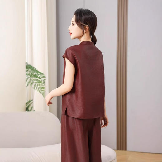 丁摩真丝红云纱龟裂纹短袖新款新中式高级时尚100%桑蚕丝T恤AL5111 商品图1