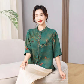 丁摩真丝香云纱中袖圆领开衫上衣夏装洋气新款花萝100桑蚕丝AL5110