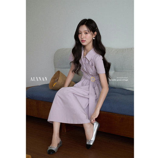 鹿向南「紫月星河」紫色短袖连衣裙女夏季新款收腰衬衫裙气质长裙 商品图4