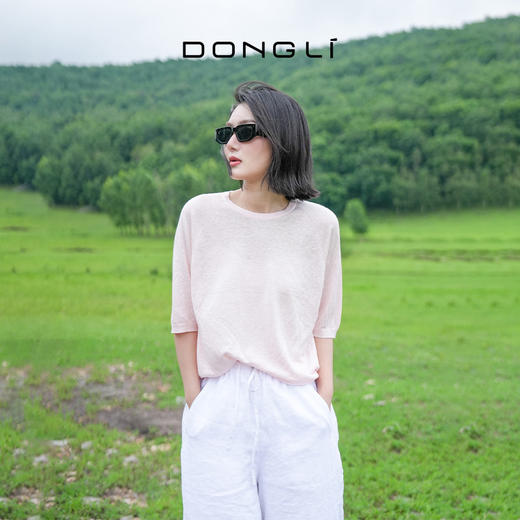 东黎 • 温柔的海风 山羊绒桑蚕丝亚麻 女士圆领插肩短袖 5219 商品图1