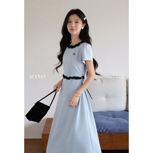 鹿向南「冰蓝岛语」法式短袖蓝色连衣裙女夏收腰气质漂亮长款裙子 商品图2