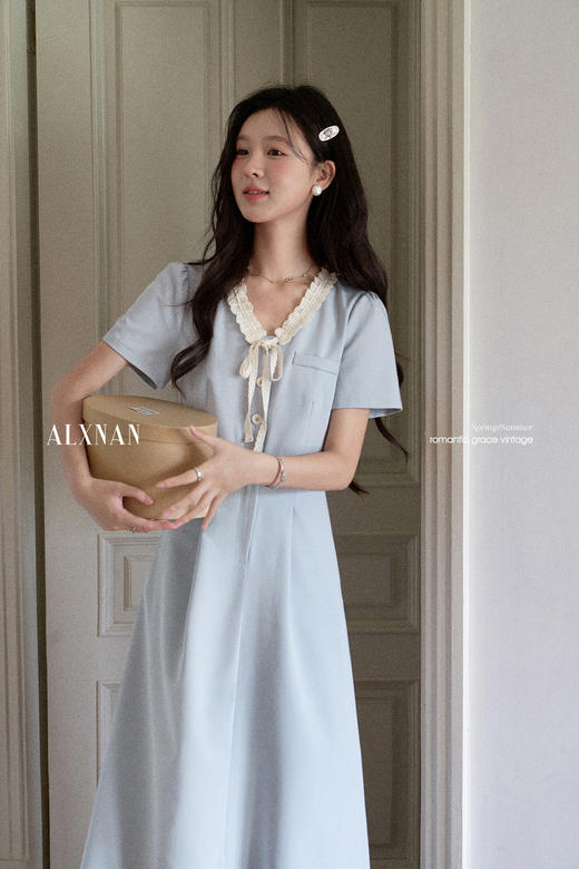 鹿向南「冰蓝诗语」法式气质短袖连衣裙女夏季假两件显瘦蓝色长裙 商品图5