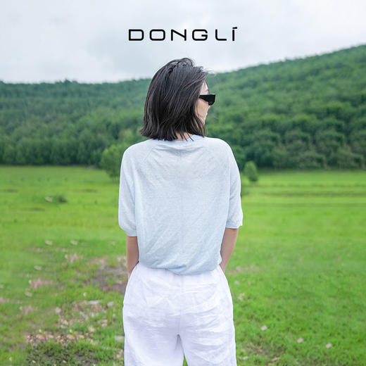 东黎 • 温柔的海风 山羊绒桑蚕丝亚麻 女士圆领插肩短袖 5219 商品图5