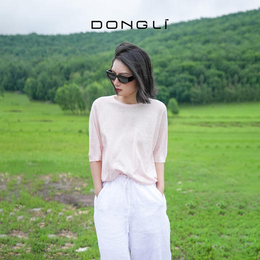 东黎 • 温柔的海风 山羊绒桑蚕丝亚麻 女士圆领插肩短袖 5219 商品图0