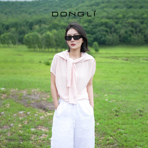 东黎 • 温柔的海风 山羊绒桑蚕丝亚麻女士圆领连肩短袖 5222 商品图0