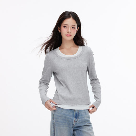森马打底衫女修身显瘦内搭可外穿拼接假两件上衣长袖秋装时尚百搭 商品图2
