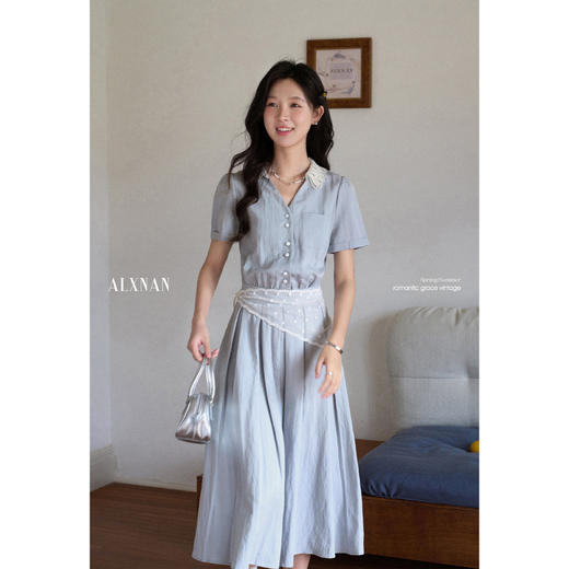 鹿向南「浅夏云领」蓝色花边V领连衣裙女夏新款气质小众短袖长裙 商品图0