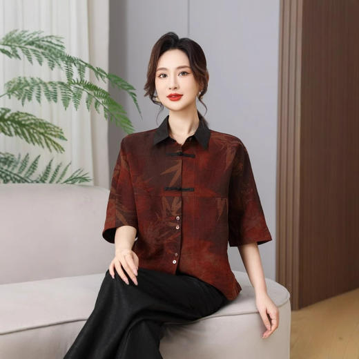 丁摩真丝香云纱春夏100桑蚕丝上衣复古时尚枫叶T恤透气圆领AL2580 商品图0