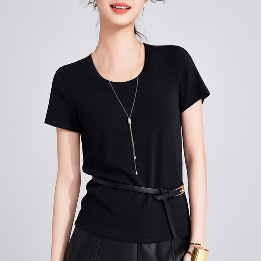 「自j」全新升级【铂金会员109/天猫149/差价40】(01214)洛诗琳凉感天丝T恤2025夏季新款纯色兰精正肩U领短袖上衣女 商品图2
