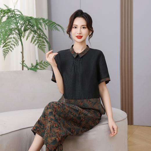 丁摩100%真丝香云纱龟裂纹高端时尚桑蚕丝短袖新款体恤AL5611 商品图0