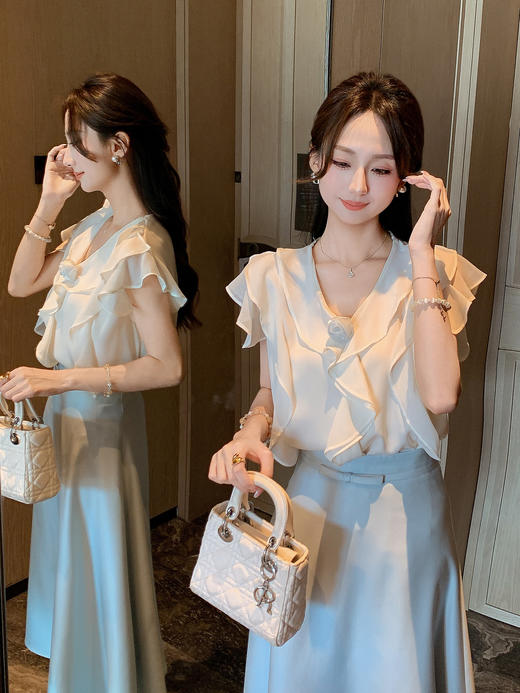 张心子【云舒云卷】V领轻薄飘逸荷叶边雪纺上衣 U2507004 商品图5