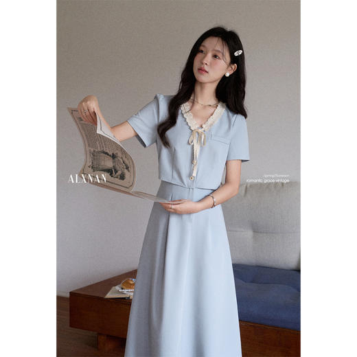 鹿向南「冰蓝诗语」法式气质短袖连衣裙女夏季假两件显瘦蓝色长裙 商品图2