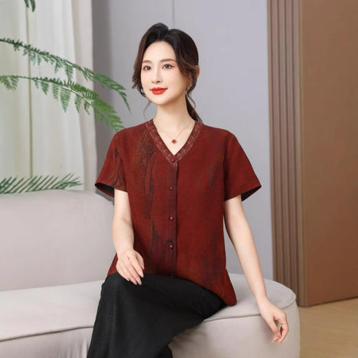 丁摩真丝香云纱红云纱印染短袖圆领开衫上衣新简洁100桑蚕丝AL5103 商品图1