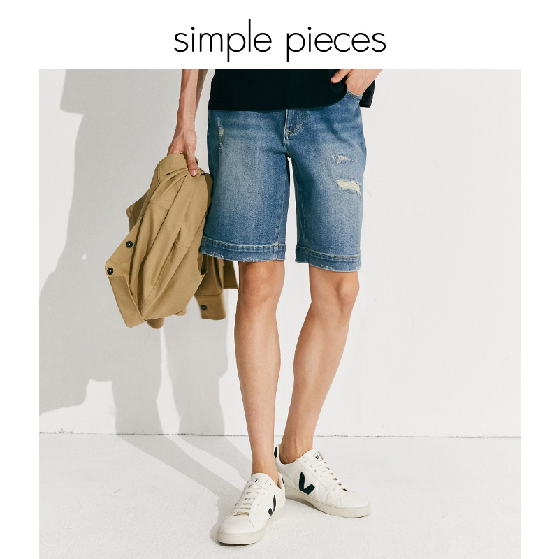 simplepieces牛仔裤男夏季基础百搭SPS破洞直筒宽松短裤