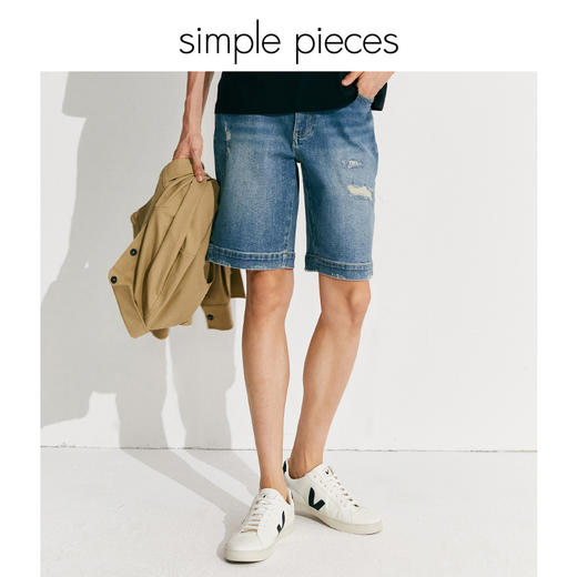 simplepieces牛仔裤男夏季基础百搭SPS破洞直筒宽松短裤 商品图0