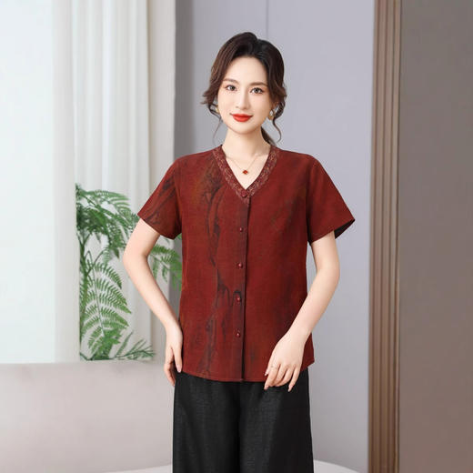 丁摩真丝香云纱红云纱印染短袖圆领开衫上衣新简洁100桑蚕丝AL5103 商品图3