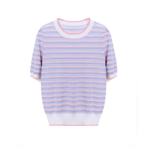 「自」全新升级【铂金会员293/天猫399/差价106】(03024)洛诗琳撞色条纹圆领针织T恤2025夏季薄款设计感镂空上衣女 商品图4