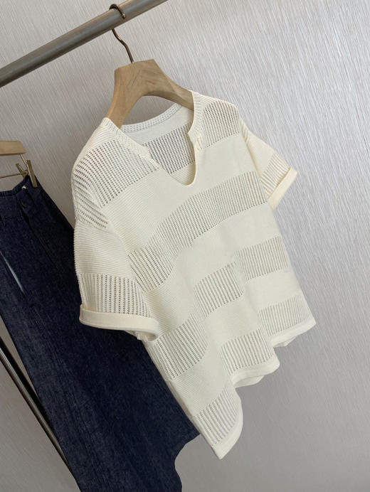 简约而又不失精致感！！2025新疆长绒棉挑孔缕空条纹U领短袖针织衫女款！ 商品图5