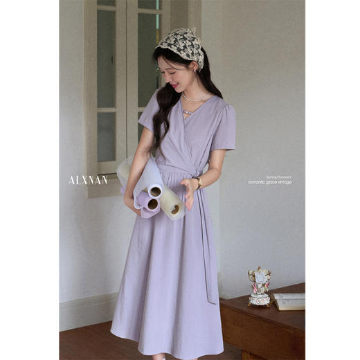 鹿向南「紫雾鸢尾」不规则灰紫色短袖连衣裙女夏显瘦收腰气质长裙 商品图0