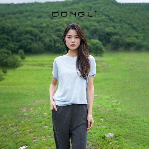 东黎 • 温柔的海风 山羊绒桑蚕丝亚麻女士圆领连肩短袖 5222 商品图2