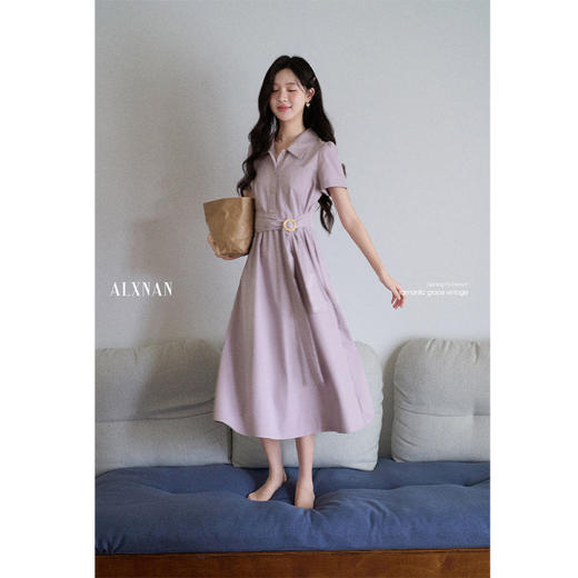 鹿向南「紫月星河」紫色短袖连衣裙女夏季新款收腰衬衫裙气质长裙 商品图3