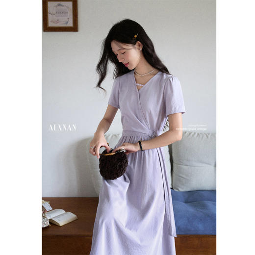 鹿向南「紫雾鸢尾」不规则灰紫色短袖连衣裙女夏显瘦收腰气质长裙 商品图2