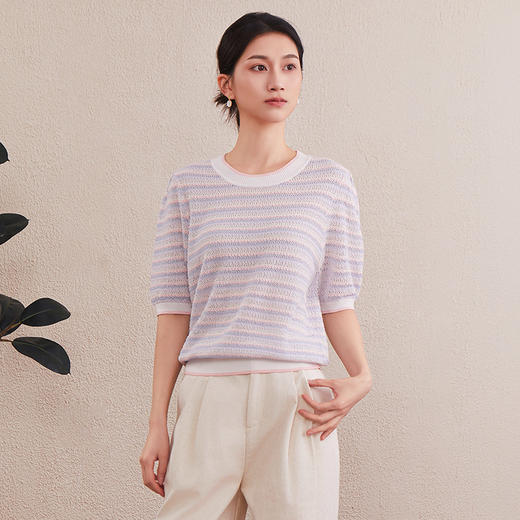 「自」全新升级【铂金会员293/天猫399/差价106】(03024)洛诗琳撞色条纹圆领针织T恤2025夏季薄款设计感镂空上衣女 商品图3