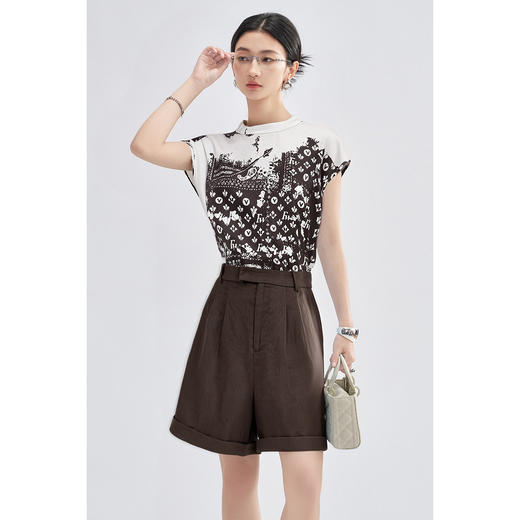  【小众印花衬衫亚麻短款两件套】女夏季高级感显瘦休闲套装3999 商品图0